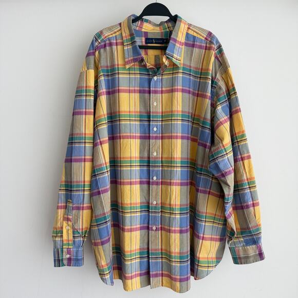 Polo Ralph Lauren Shirt Mens 5X Big Yellow Blue Plaid Oxford Button Up Preppy - Picture 1 of 11
